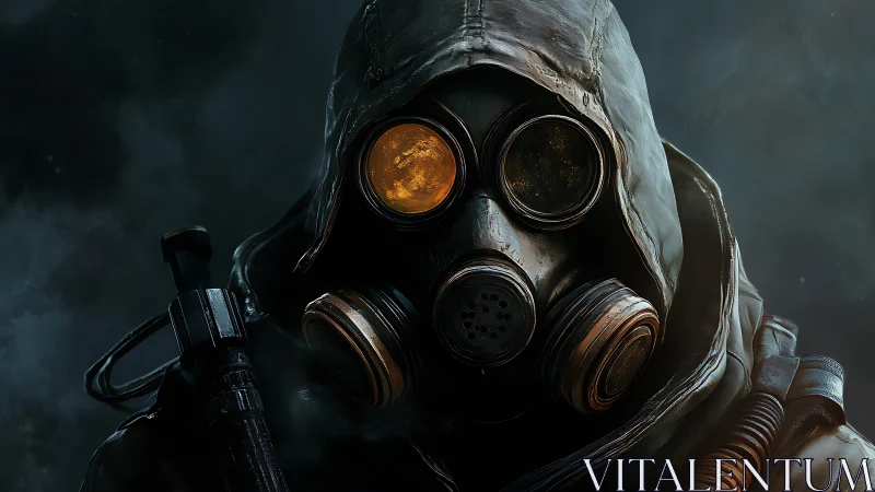 Hooded gas mask soldier stares through cracked amber lens