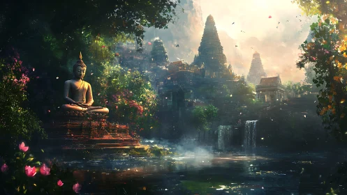 Radiant Buddha statue anchors misty temple valley illumination