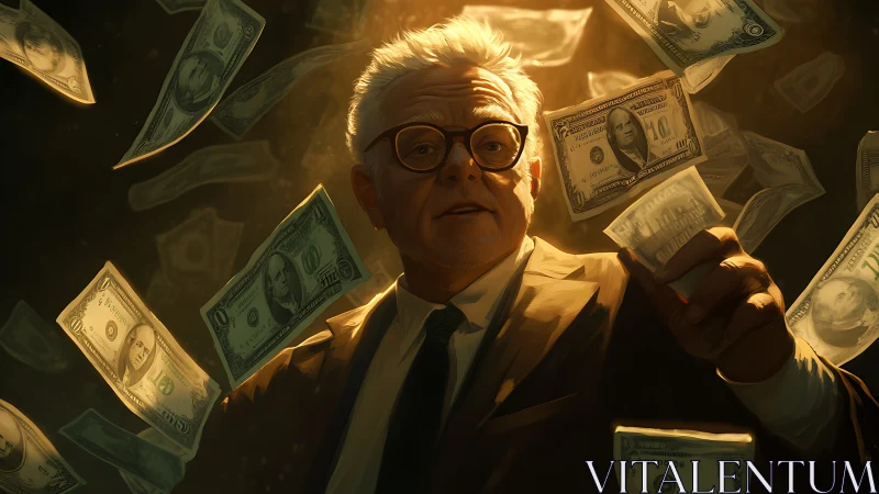 Older businessman under falling cash in warm dramatic light.