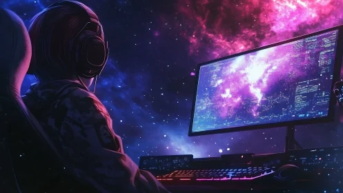 Gamer at widescreen desktop monitors glowing nebula visuals
