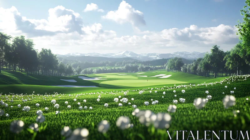 Sunlit golf course fairway stretches toward distant mountains