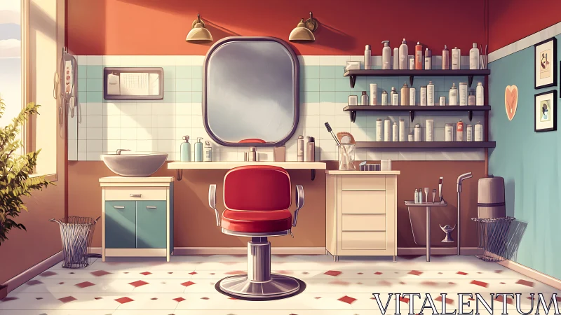 Digital barbershop interior with retro midcentury styling.