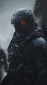 Storm-forged cyber soldier stalks a frozen war horizon.