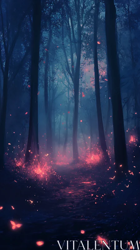Enchanted forest glows with neon embers at twilight.