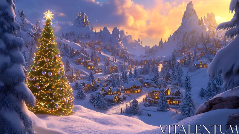 Snowy alpine village with glowing Christmas tree panorama.