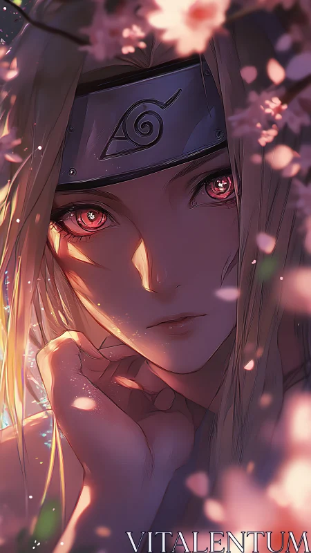 Soft-eyed ninja under glowing cherry blossom petals.