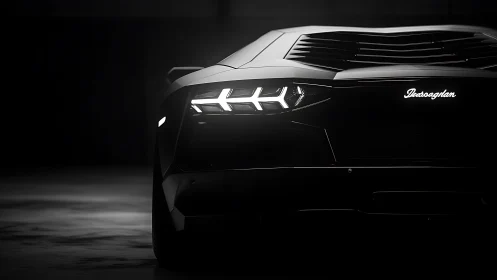 Futuristic supercar headlight glows in dramatic low-key lighting.