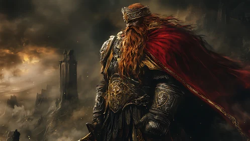 Storm‑crowned warlord strides through ruin and burning dusk.