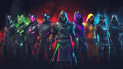 Neon-masked heroes stand united in a smoky digital showdown.