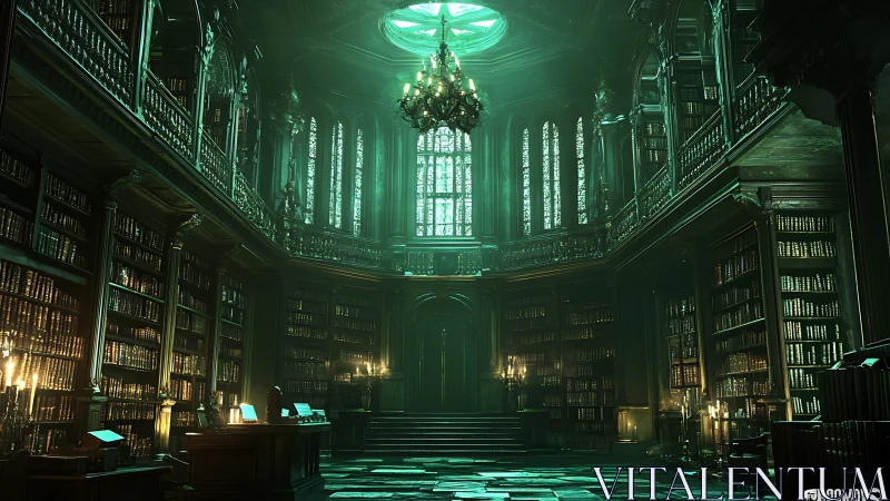 Green-illuminated multi-level library interior is depicted