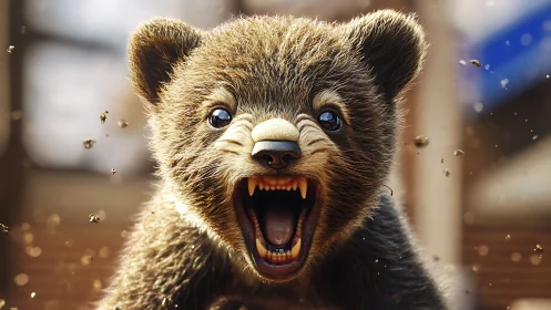 Digital close-up shows young bear with open mouth and teeth