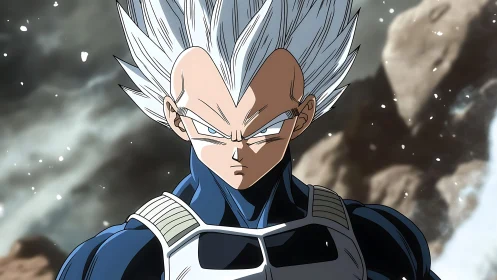 Intense white-haired anime warrior in armored battle stance.