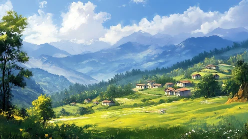 Mountain valley hamlet under luminous summer skies.