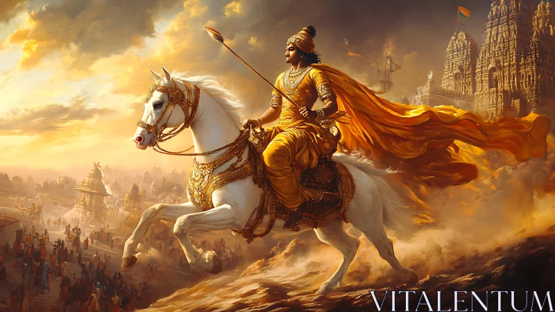 Armored warrior on white horse charges past temples in golden haze