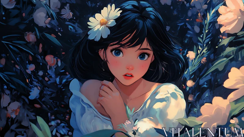 Girl with dark hair and white dress in dense floral field.