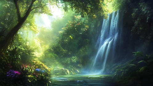 Waterfall in Dense Forest Environment with Tropical Vegetation.
