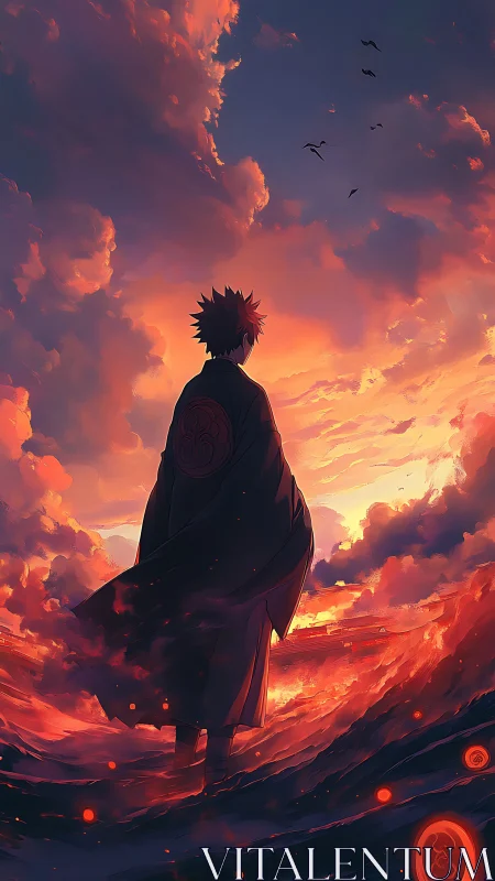 Wanderer in glowing sunset waves of firelit clouds.