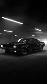 Black muscle car moves through illuminated tunnel interior