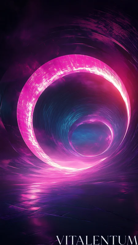 Luminous magenta energy ring receding through reflective tunnel