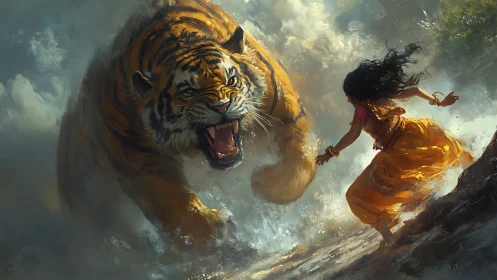 Woman confronts charging tiger in stormy river scene.