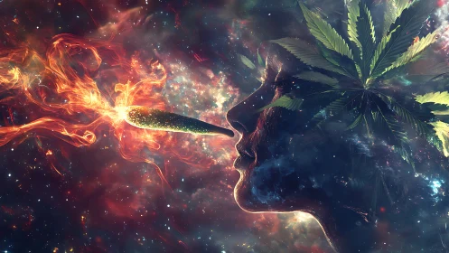 Cosmic mindscape with blazing joint and leaf crowned profile.