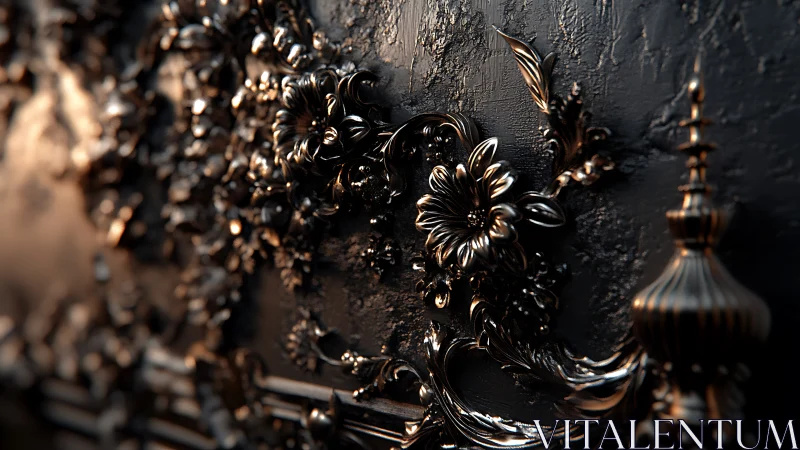 Baroque floral metal relief on dark textured wall surface.