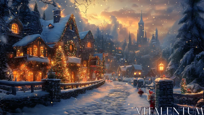 Snowy Christmas village street under glowing twilight sky.