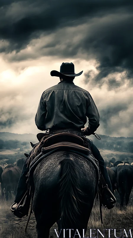 Stormy trail invites a lone cowboy riding into gathering dusk