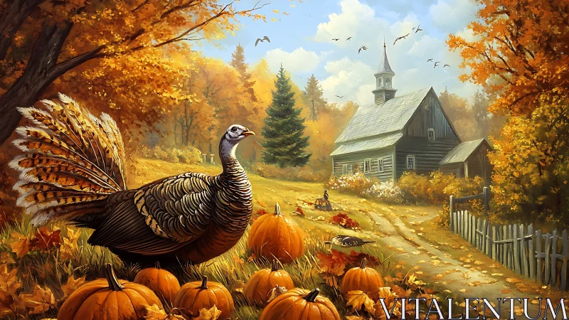Autumn turkey with pumpkins near rustic countryside chapel.