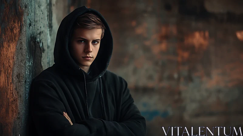 Brooding hooded youth guards secrets in rust-dark alleyway.