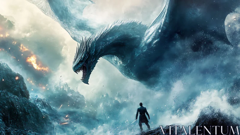 Human figure facing large dragon in stormy fantasy landscape.