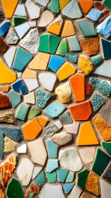 Irregular glazed tile shards embedded in coarse mortar matrix