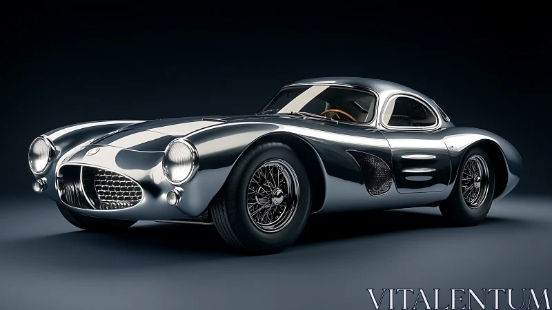 Futuristic chrome sports coup&eacute; under dramatic studio lights.