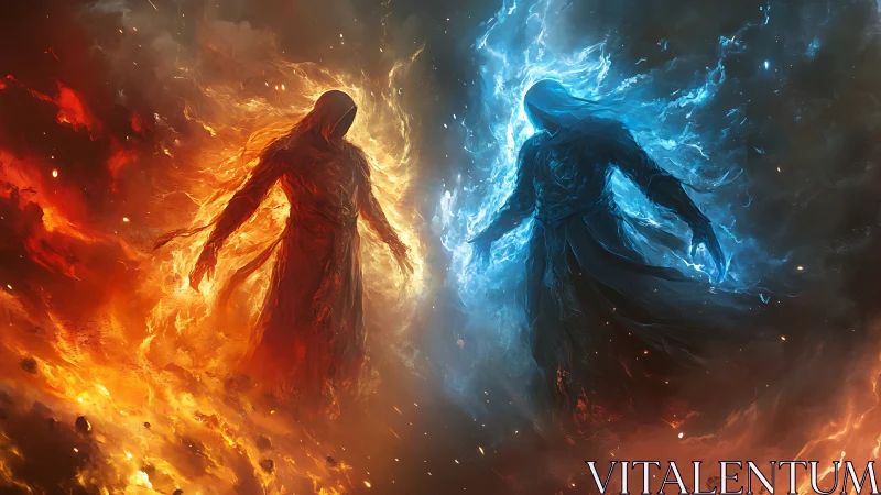 Contrasting fire and ice cloaked figures confront each other