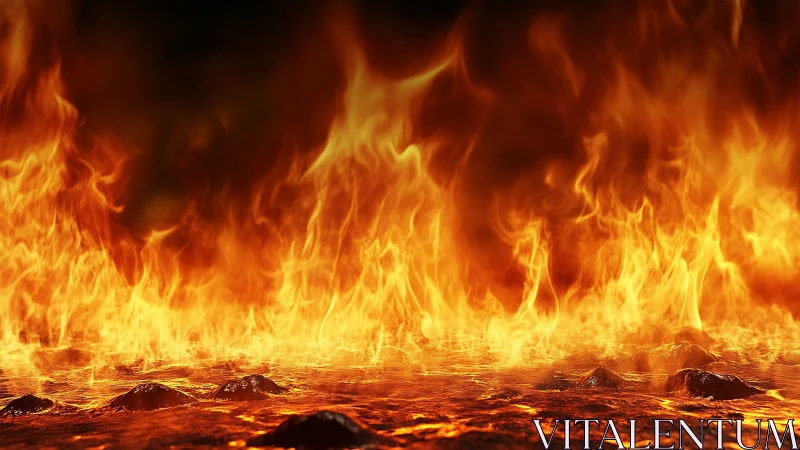 Intense orange and yellow flames consuming ground surface