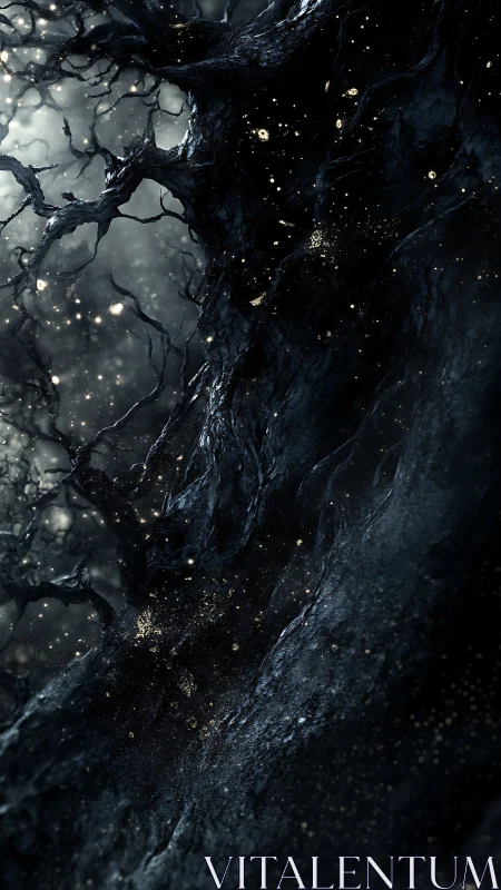 Gnarled dark tree trunk dissolves into drifting spectral embers