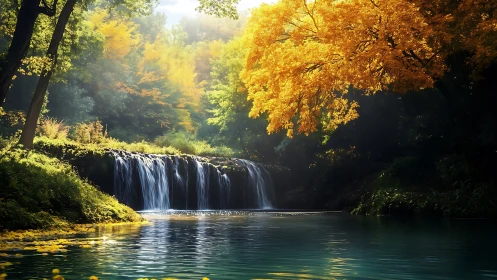 Sunlit autumn waterfall spills into tranquil forest pool