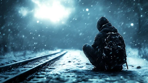 Solitary figure waits beside snowbound winter railway at night