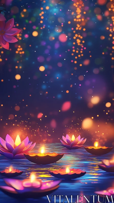 Luminous lotus candle lanterns drifting across iridescent water.