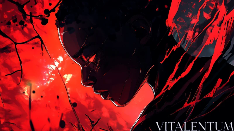 Silhouetted profile in crimson storm of abstract anguish.