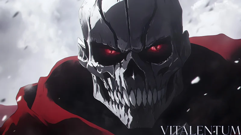 Armored skull warrior with luminous red eyes in close frontal view