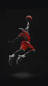 Soaring basketball player in bold red midair leap.