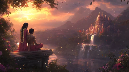 Two robed figures observe river valley and temple at sunset