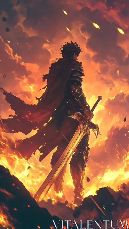 Armored warrior with greatsword in burning sky scene.