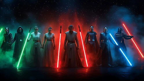 Group of armored figures stand with glowing energy swords