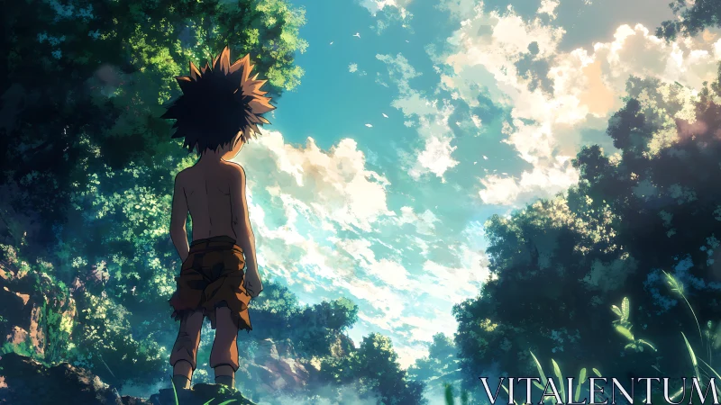 Barefoot dawn wanderer gazing into a sky of wild clouds.