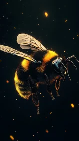 Glowing bumblebee in flight surrounded by golden sparks.