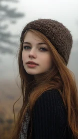 Young woman in knit hat against soft foggy landscape.
