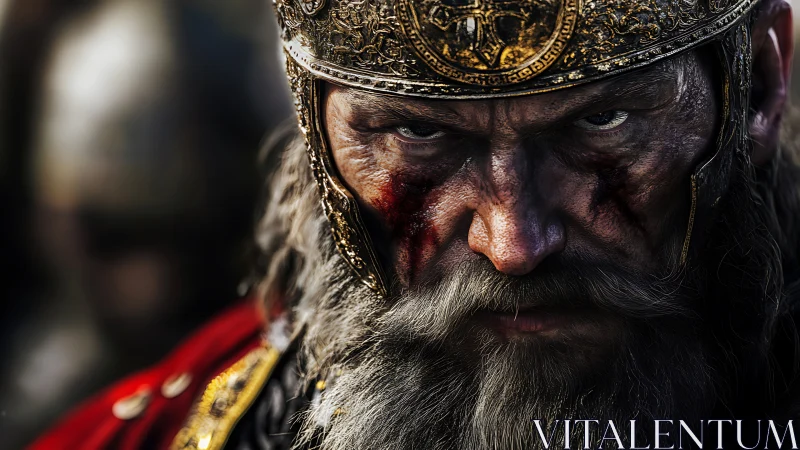 Battle-scarred warrior king in ornate gilded helmet portrait.
