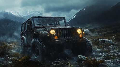 Cinematic off road SUV in stormy alpine terrain at dusk.